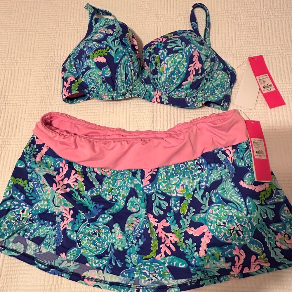 Two Piece Swim Set in Navy Floral with Pink Trim